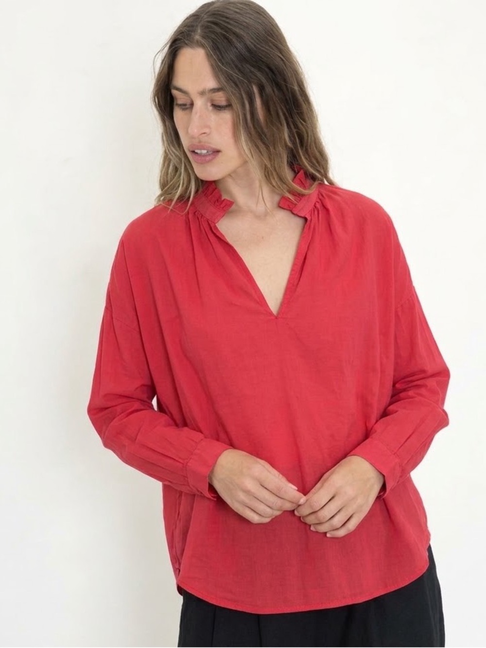 A Shirt Thing Carmine Red Penelope Ruffle Neck Cotton Voile Poet Blouse Size M